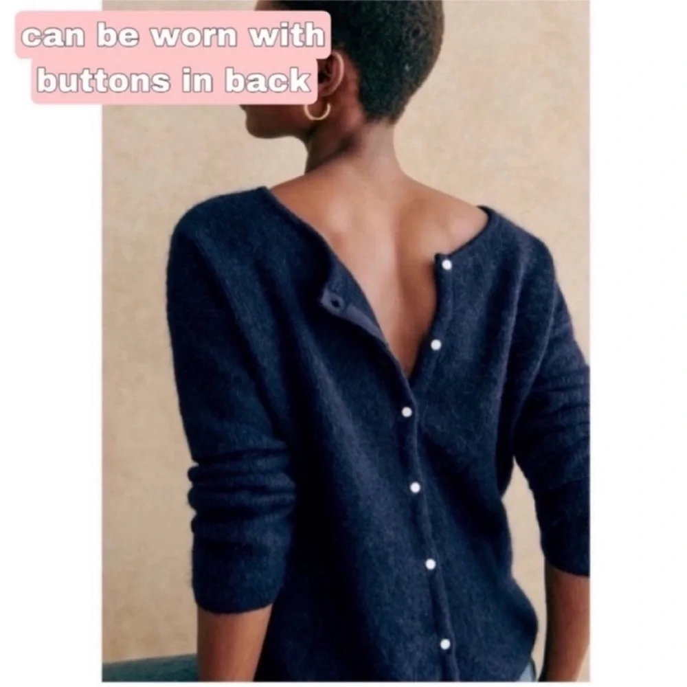 SEZANE Cream Navy Striped Mohair Alpaca Wool Reversible Gaspard Cardigan Sweater - Picture 13 of 17